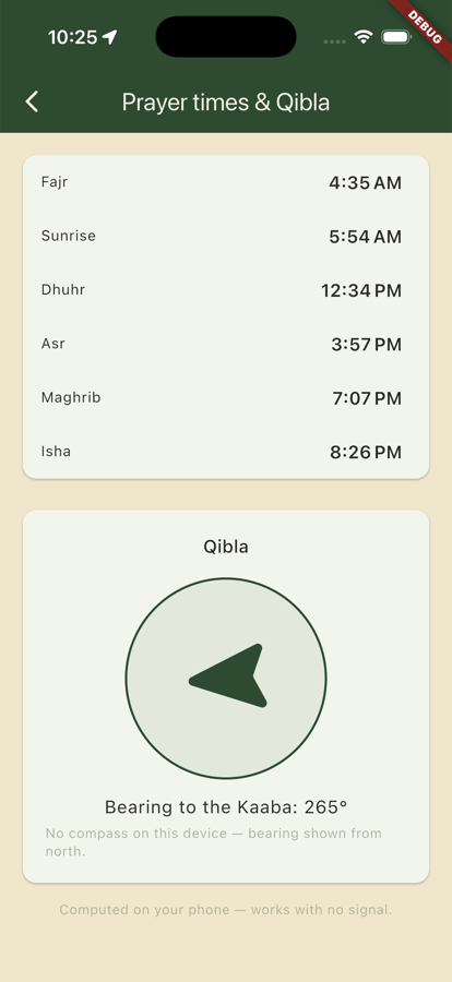 Discover Liwa prayer times and qibla screen